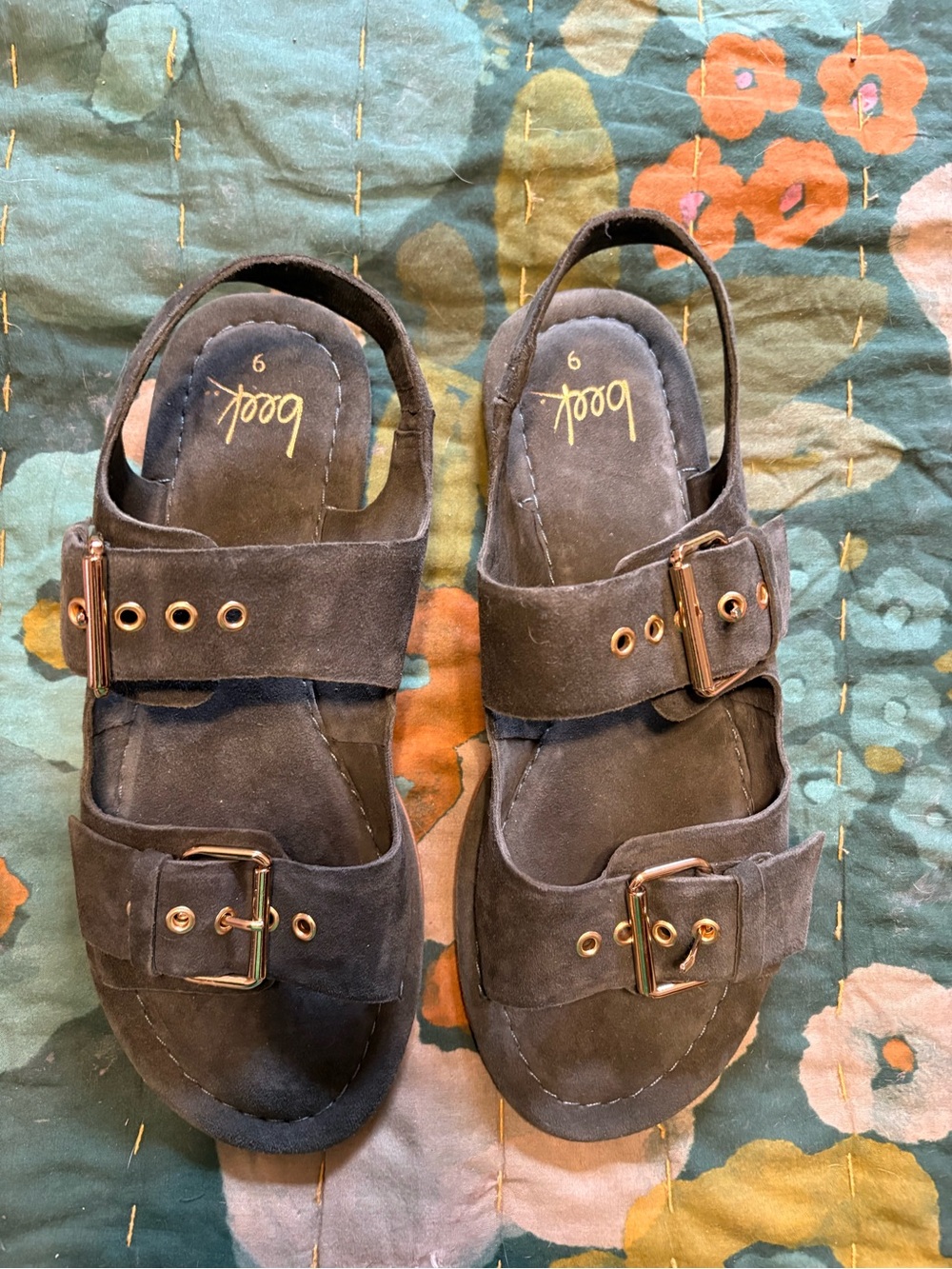 beek Kids Suede Double-Buckle Sandals in Slate Blue with Gold Buckles - Picture 2 of 5